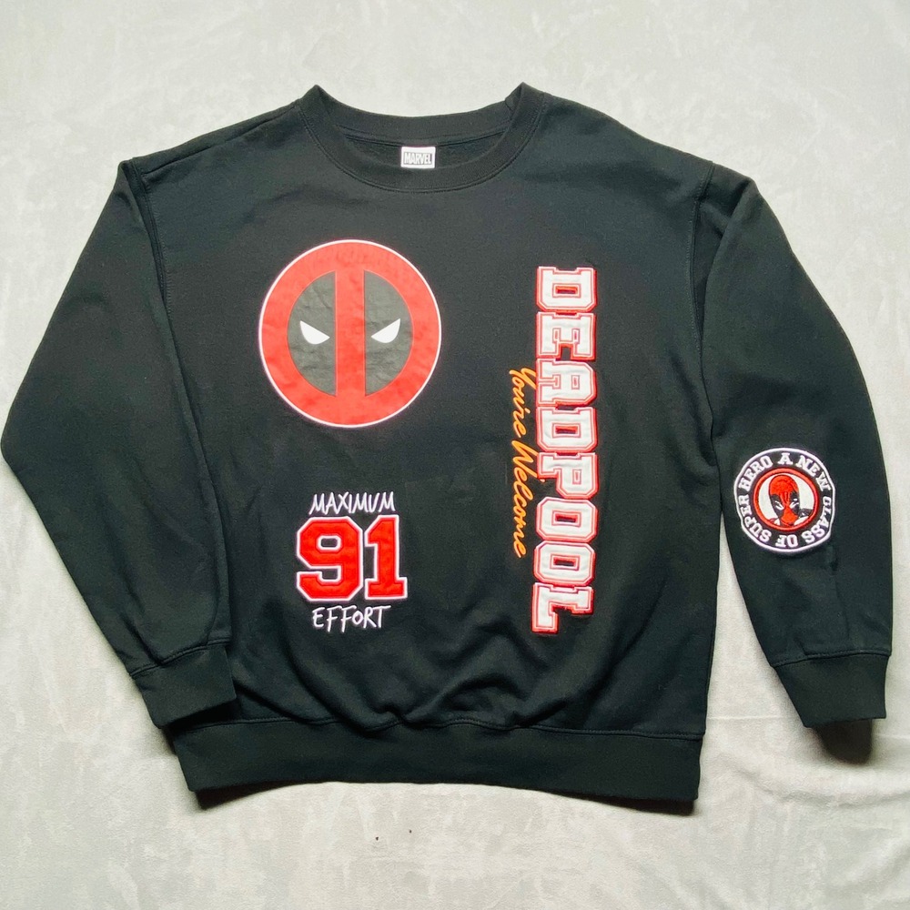 Marvel Deadpool Graphic Sweatshirt Black Youth L 12 14 Red White Graphics
